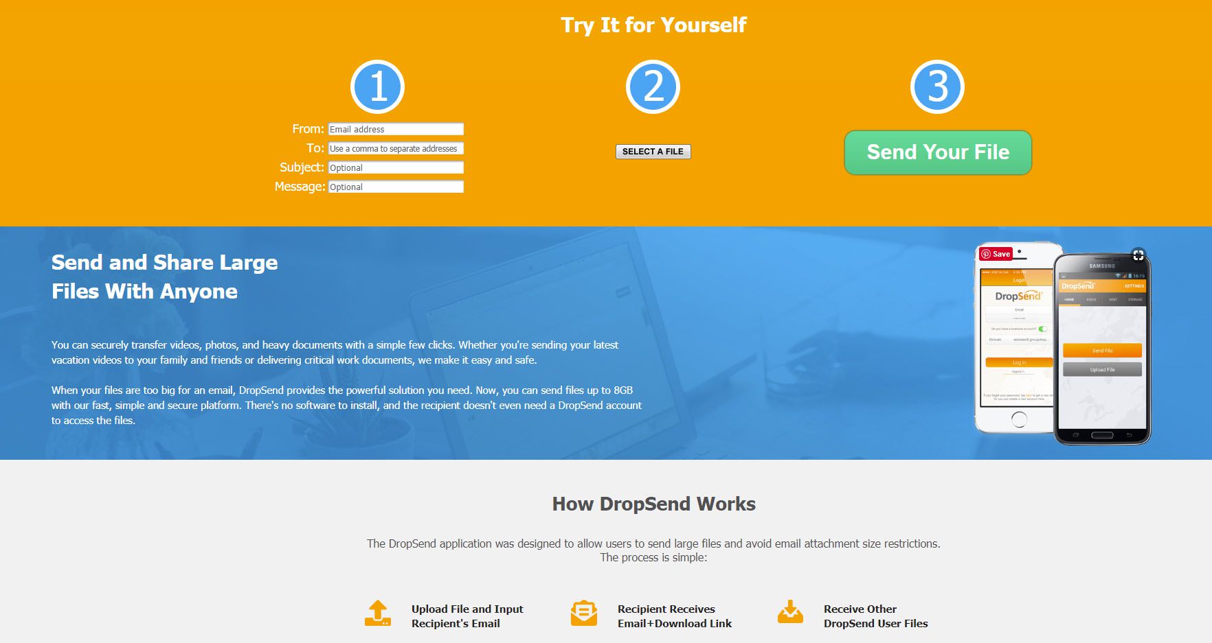 Screenshot van de DropSend-website.