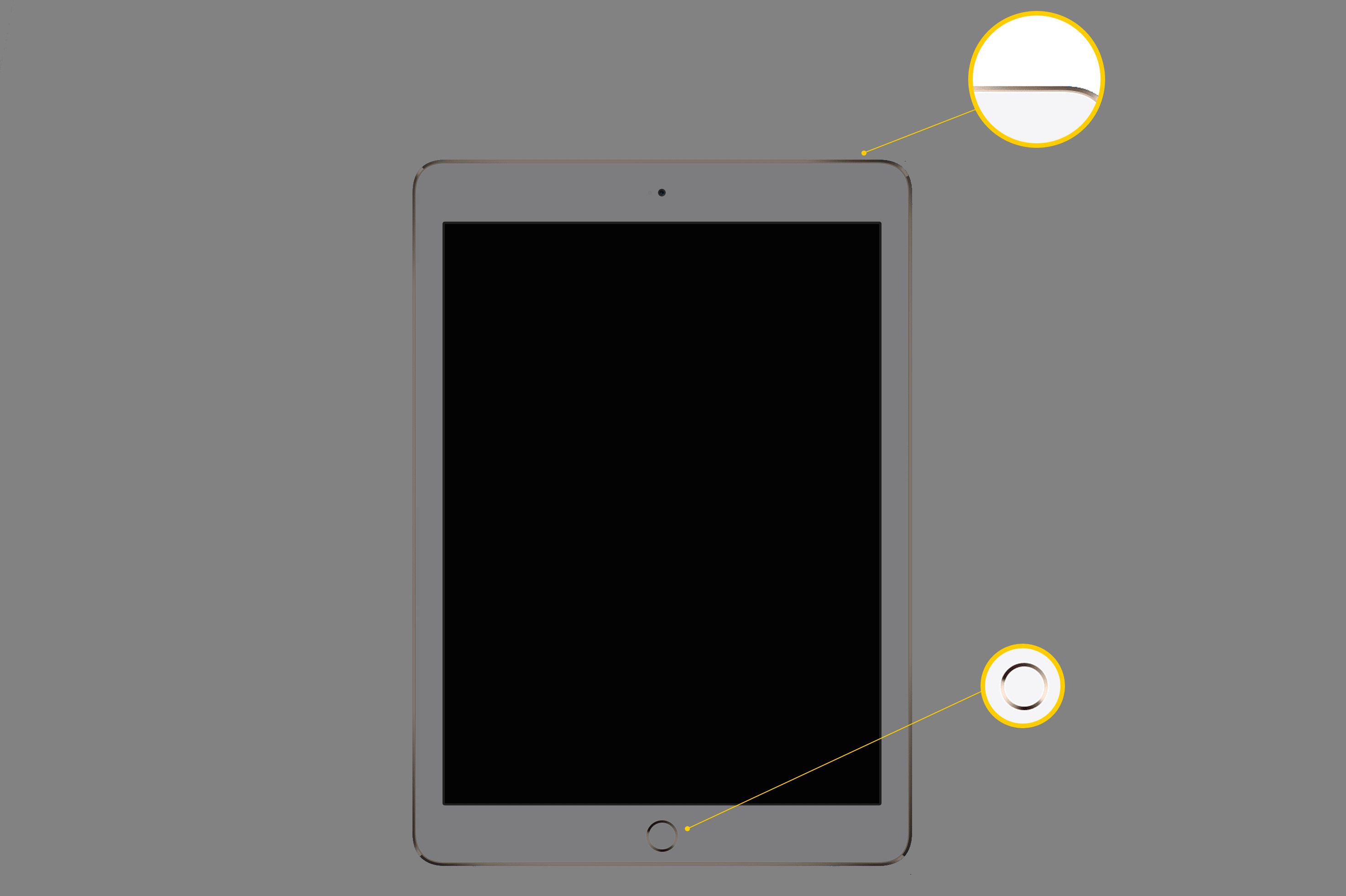 iPad met scherm naar voren gericht, met de nadruk op de Sleep/Wake-knop in de rechterbovenhoek van het apparaat en de Home-knop in het midden onderaan