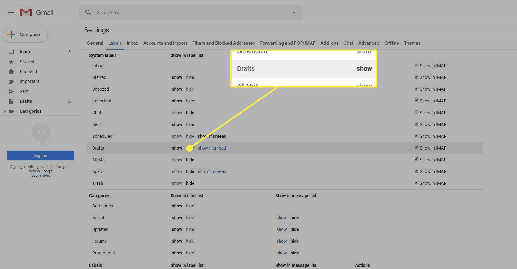 Een screenshot van de Gmail-instellingen voor Labels met de optie Concepten gemarkeerd