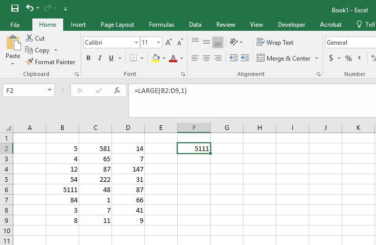 Het resultaat van de GROTE functie in Excel.