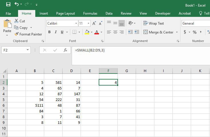 Illustratie van het resultaat van de KLEINE functie in Excel.
