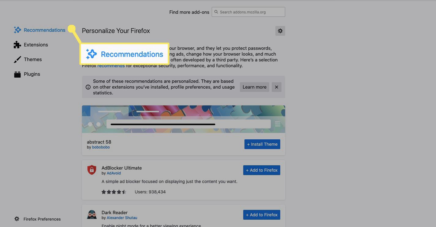 Aanbevelingen voor Firefox-add-on.