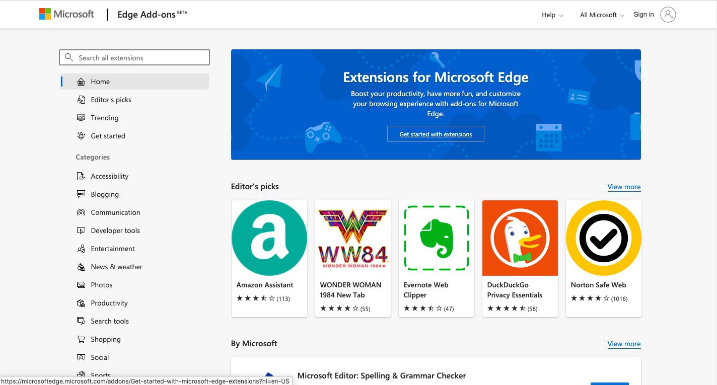 Selecteer Extensies voor Microsoft Edge ophalen om een ​​nieuwe Edge-extensie toe te voegen.