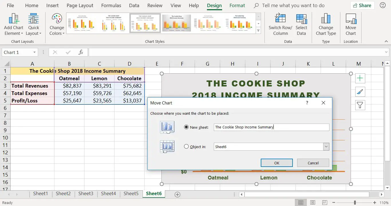 Een schermafbeelding die laat zien hoe u een grafiek naar een nieuw werkblad in Excel verplaatst