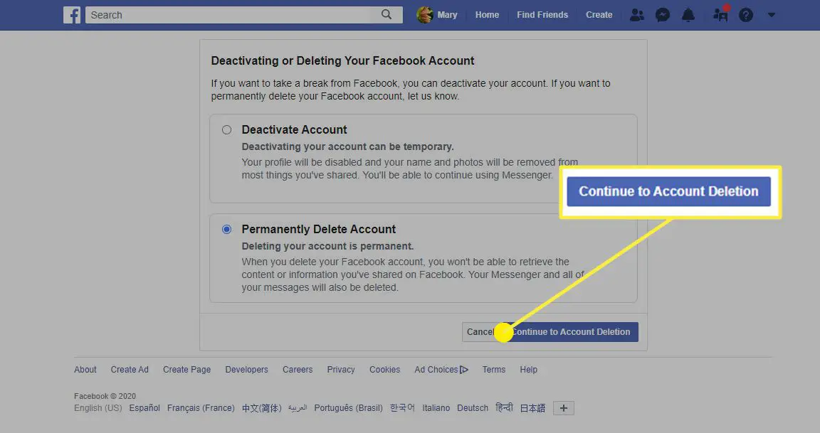 De optie Account verwijderen in Facebook in een webbrowser.