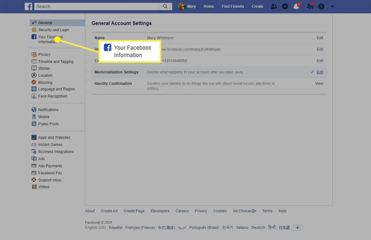 De locatie van uw Facebook-gegevens in Facebook in een browser.
