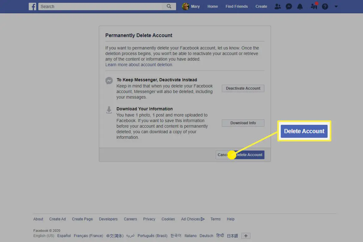 Screenshot van informatie over en een optie voor het verwijderen van een account op Facebook.