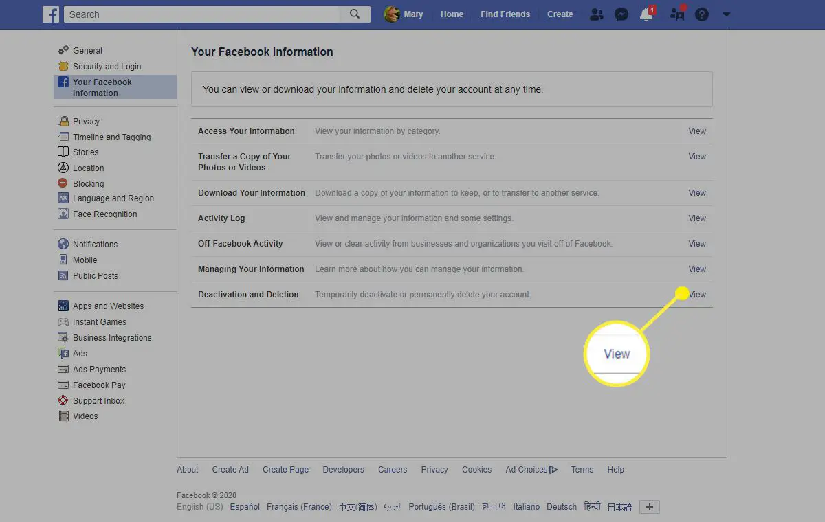 Hoe deactivering en verwijdering op Facebook in een webbrowser te bekijken.