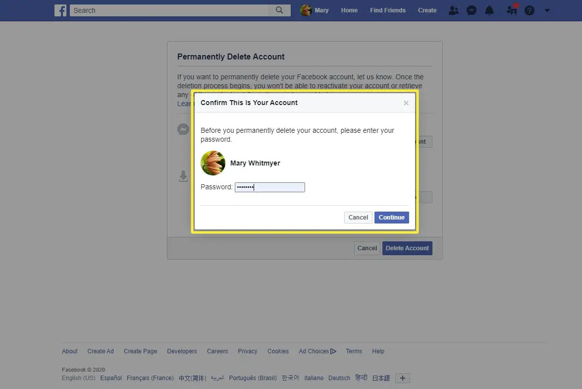 Het verwijderen van Facebook bevestigen met een wachtwoord met behulp van een webbrowser.