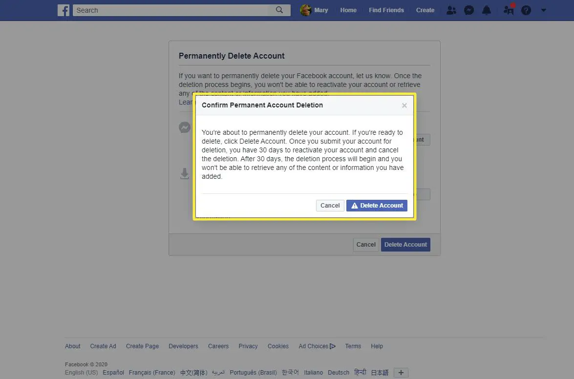 Nog een bevestigingsbericht bij het verwijderen van een Facebook-account met een browser.