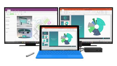 Microsoft Surface Pro aangesloten op twee monitoren met een Surface Dock