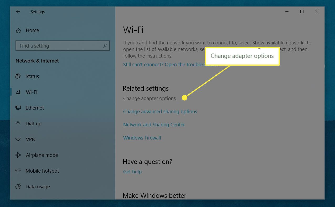 Een schermafbeelding van Windows Wi-Fi-instellingen met de kop Adapteropties wijzigen gemarkeerd
