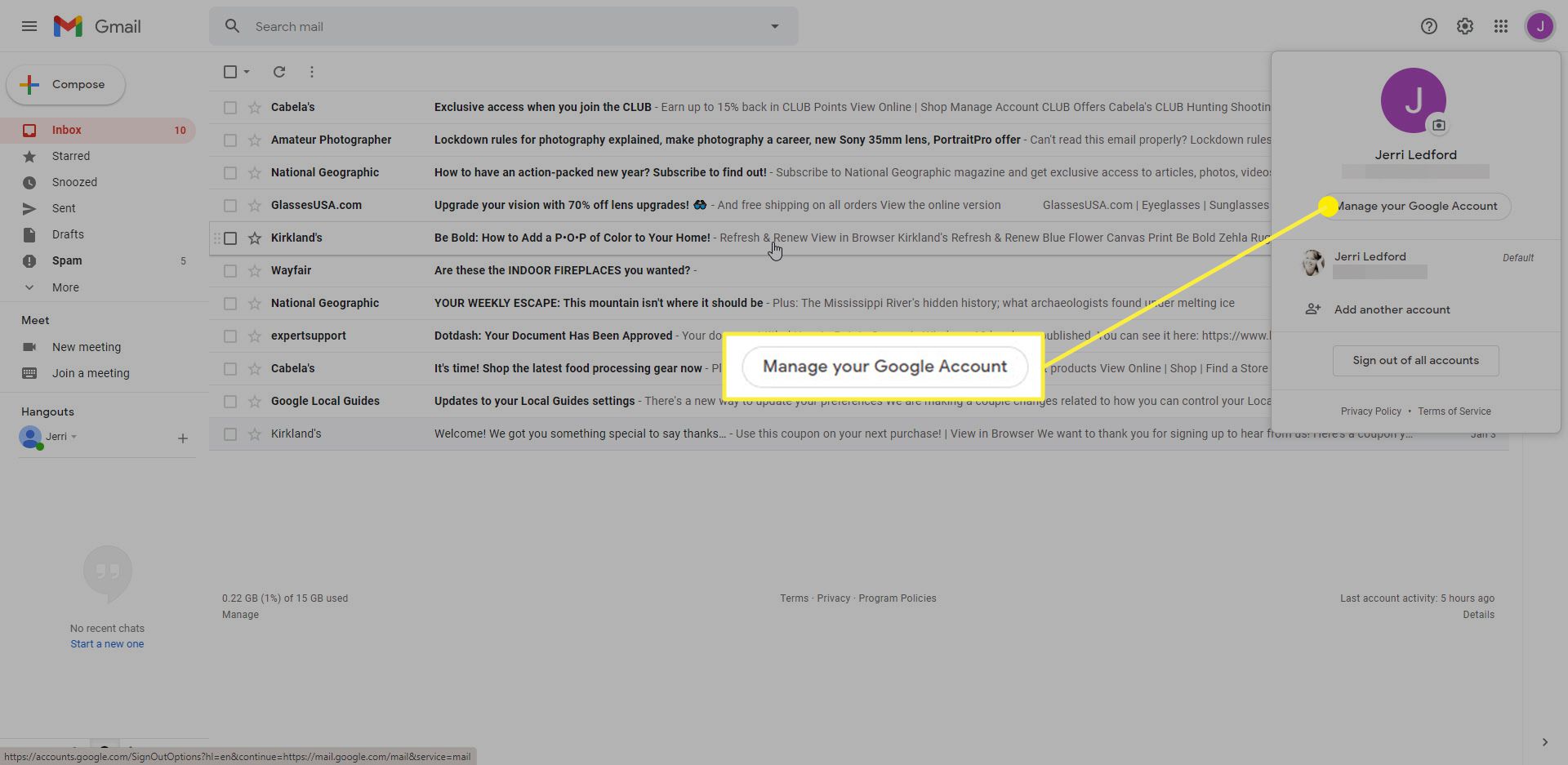 Gmail met de knop Uw Google-account beheren gemarkeerd