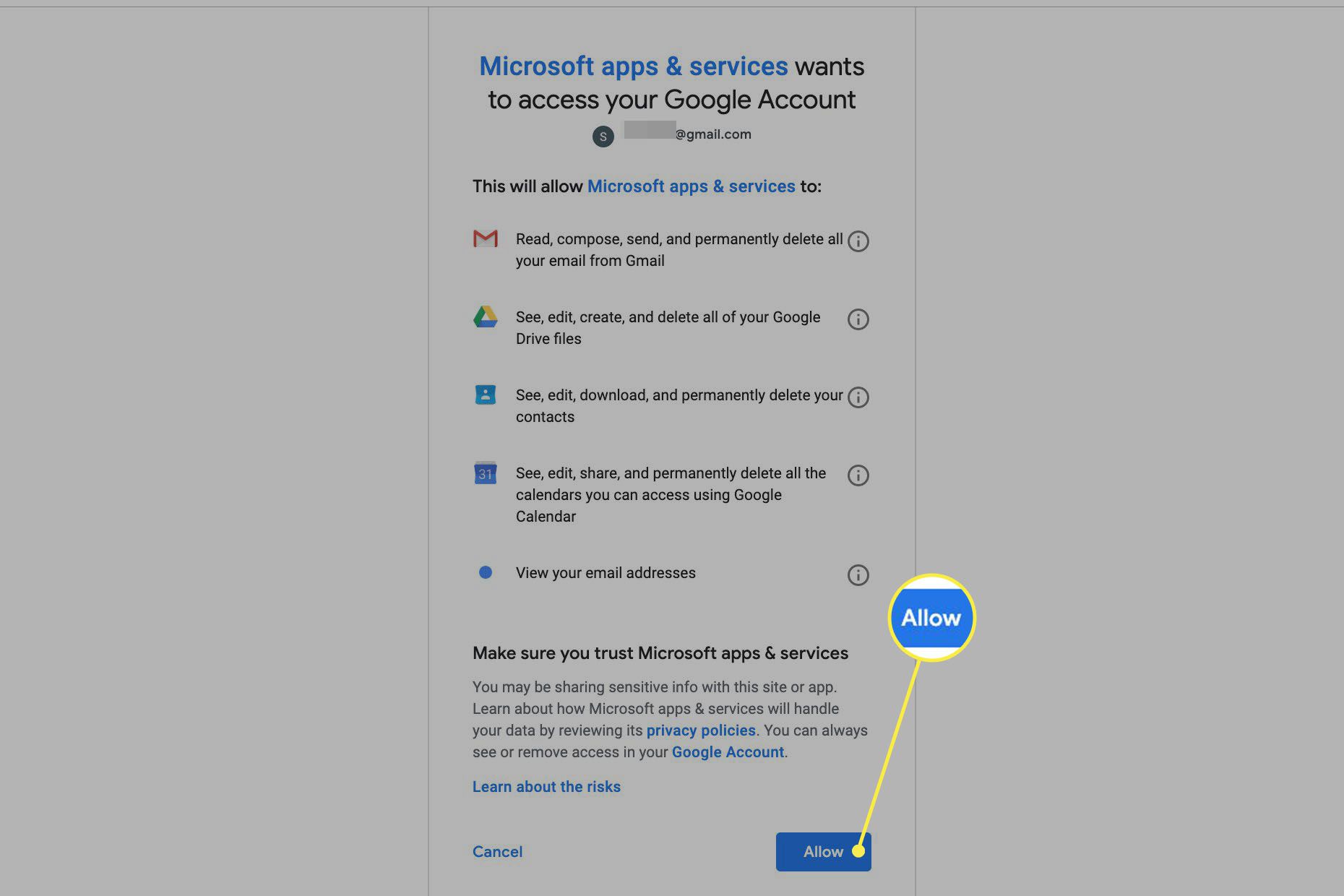 Klik op Toestaan ​​om Microsoft toegang te geven tot uw Google-account