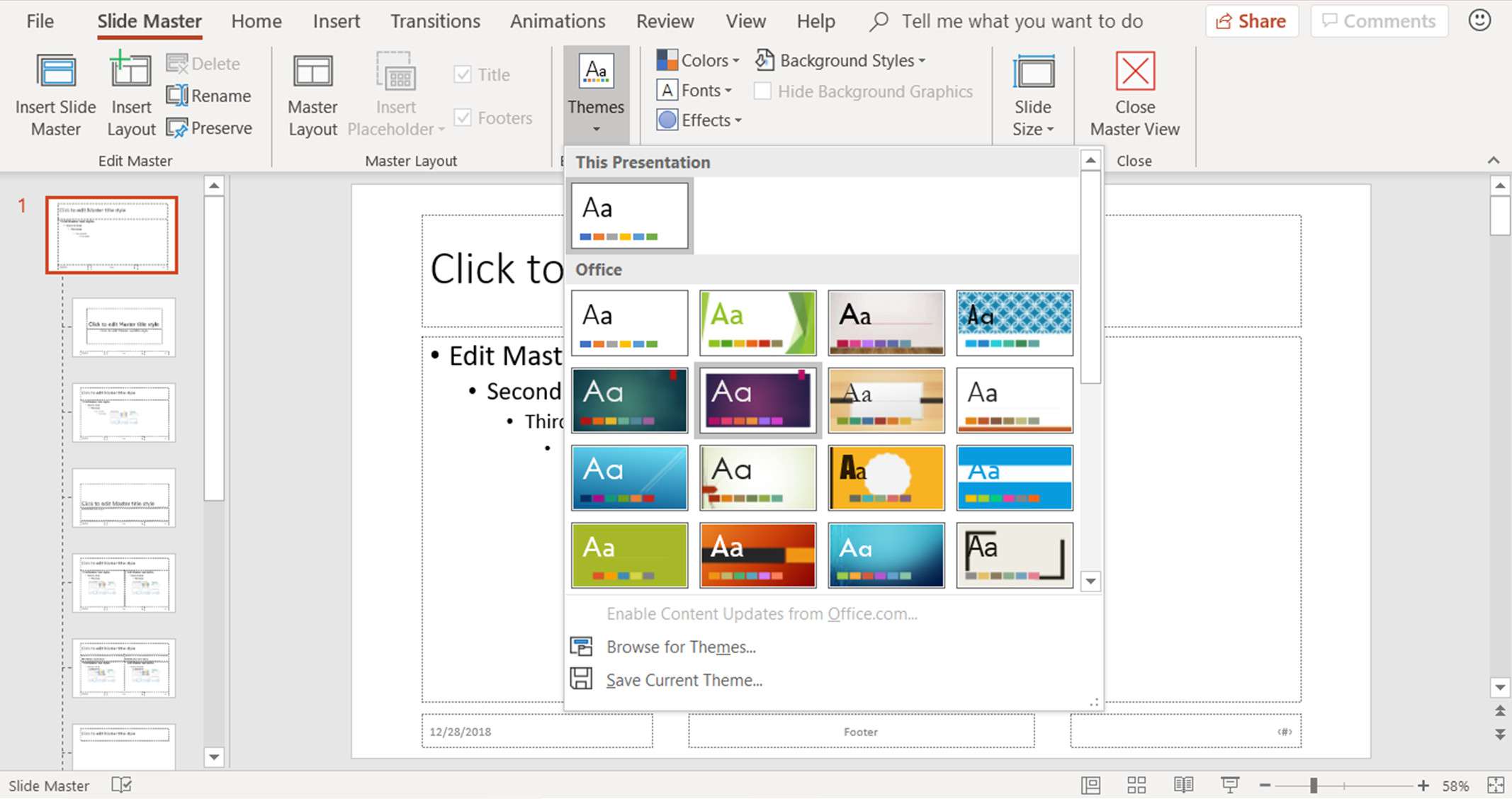 Een schermafbeelding die laat zien hoe u het thema kunt wijzigen in de PowerPoint Slide Master
