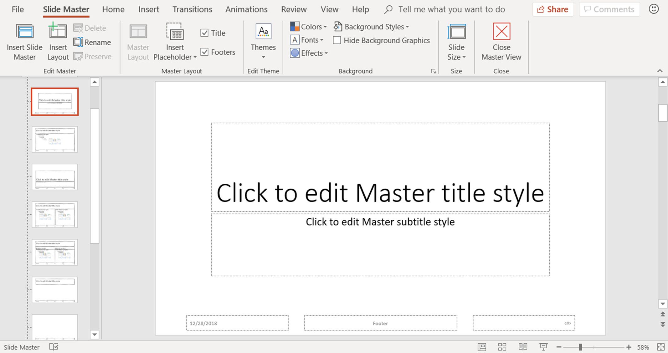 Een screenshot met de Slide Master-weergave in PowerPoint