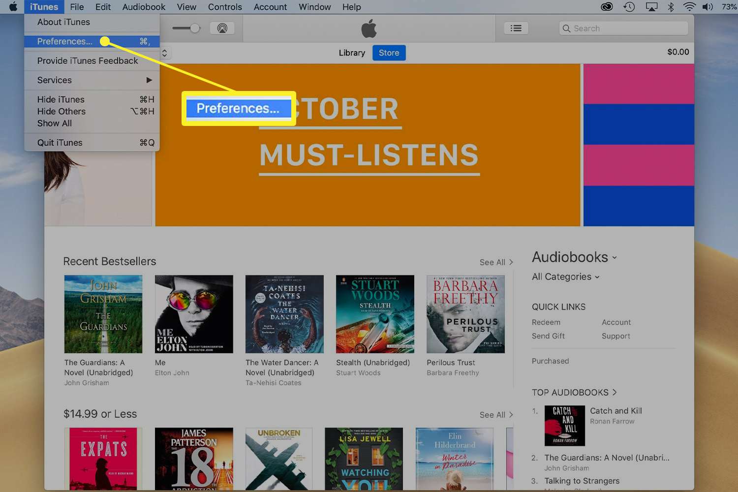 iTunes-voorkeuren in het vervolgkeuzemenu iTunes-menubalk