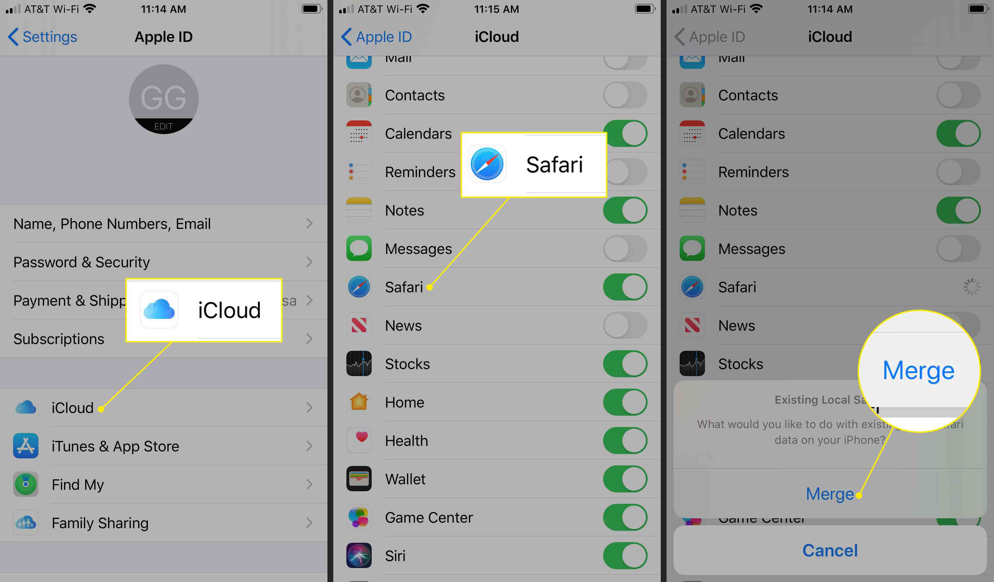 iOS-instellingen met iCloud, Safari en de knoppen Samenvoegen gemarkeerd