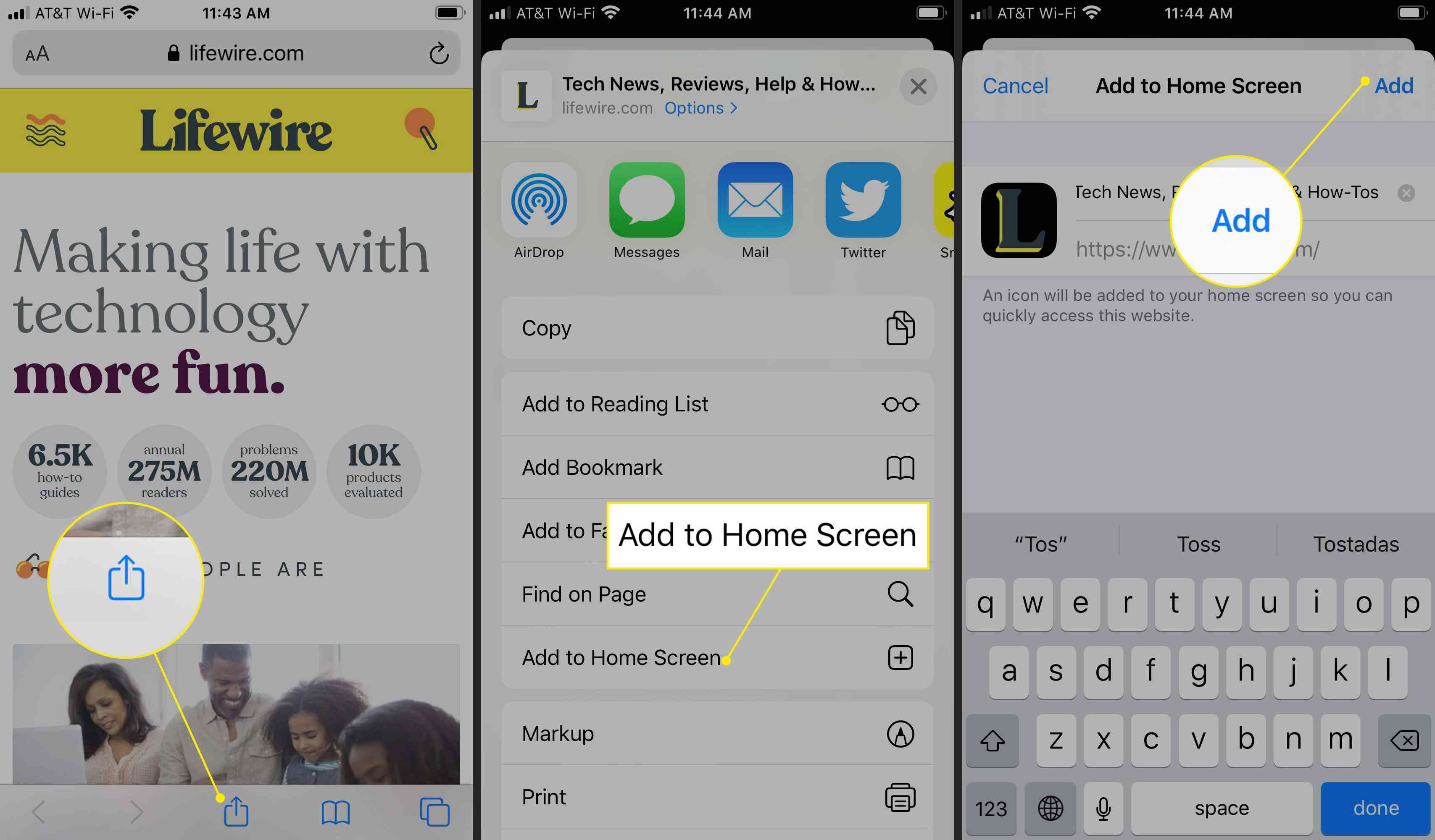 De opdrachten Delen, Toevoegen aan startscherm en Toevoegen in Safari voor iOS
