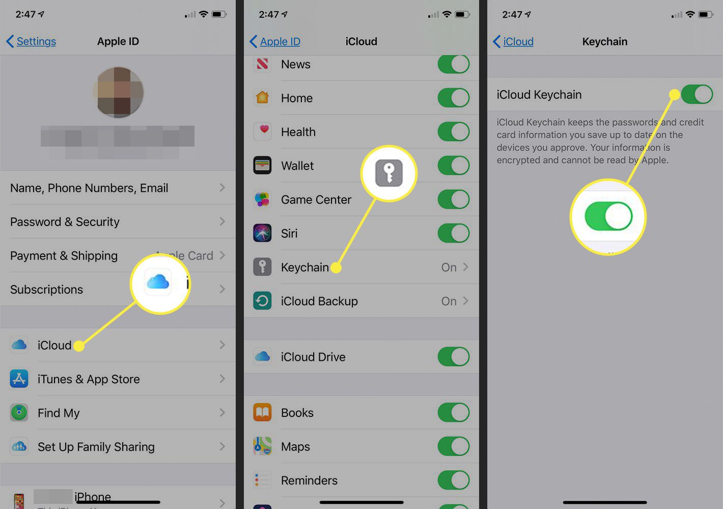 iPhone-schermafbeeldingen die het pad tonen om iCloud-sleutelhanger in te schakelen