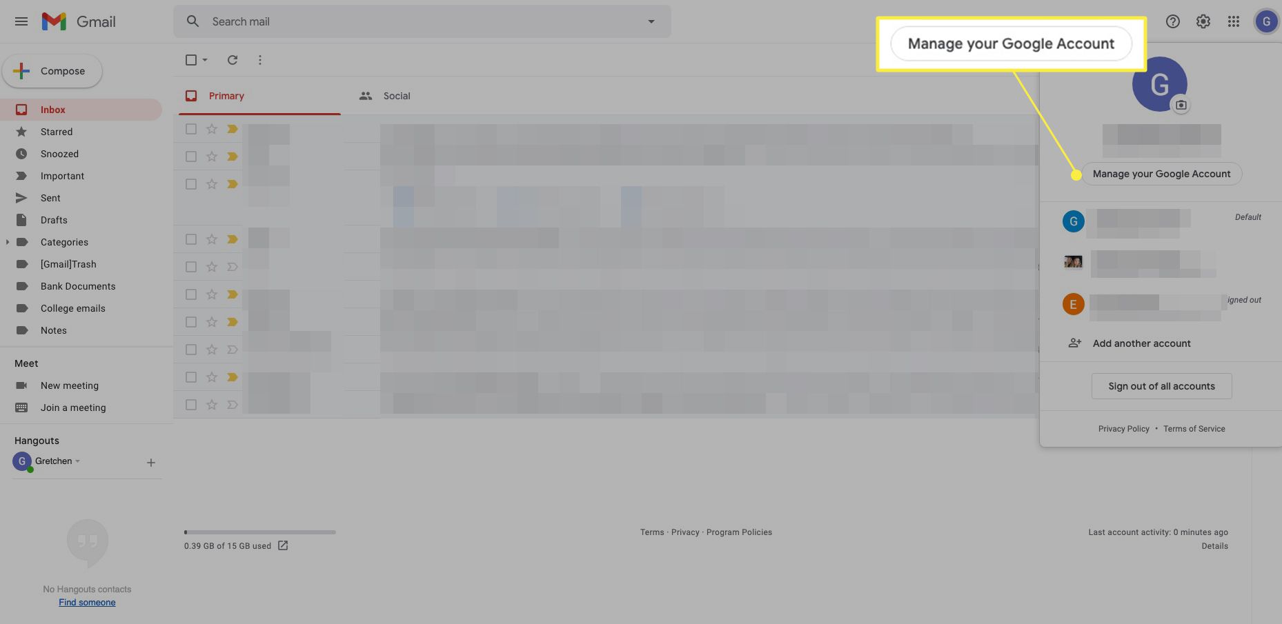 Gmail-scherm met accountmenu en "Beheer uw Google-account" gemarkeerd