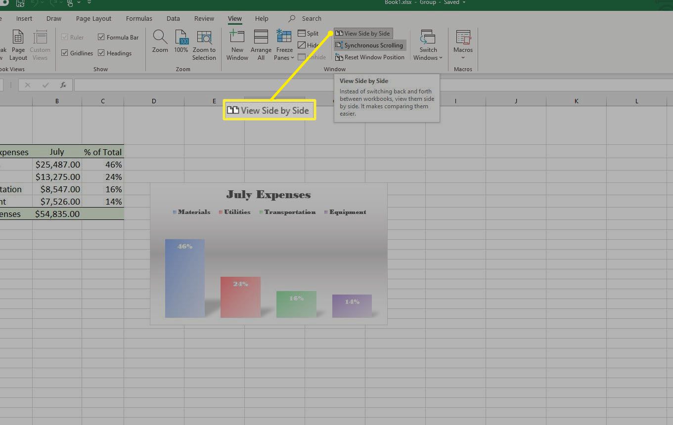 Schermafbeelding van naast elkaar weergeven op het tabblad Weergave in Excel