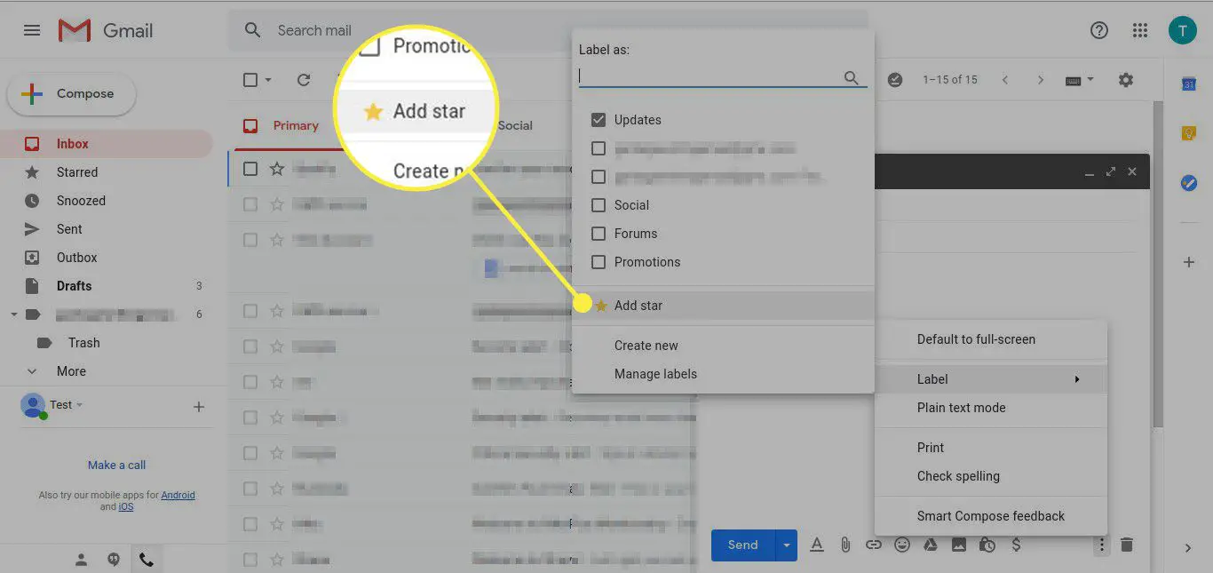 Een screenshot van het Label As-menu in Gmail met de opdracht Ster toevoegen gemarkeerd