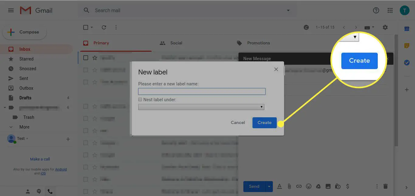 Een schermafbeelding van het venster Nieuw label in Gmail met de knop Maken gemarkeerd