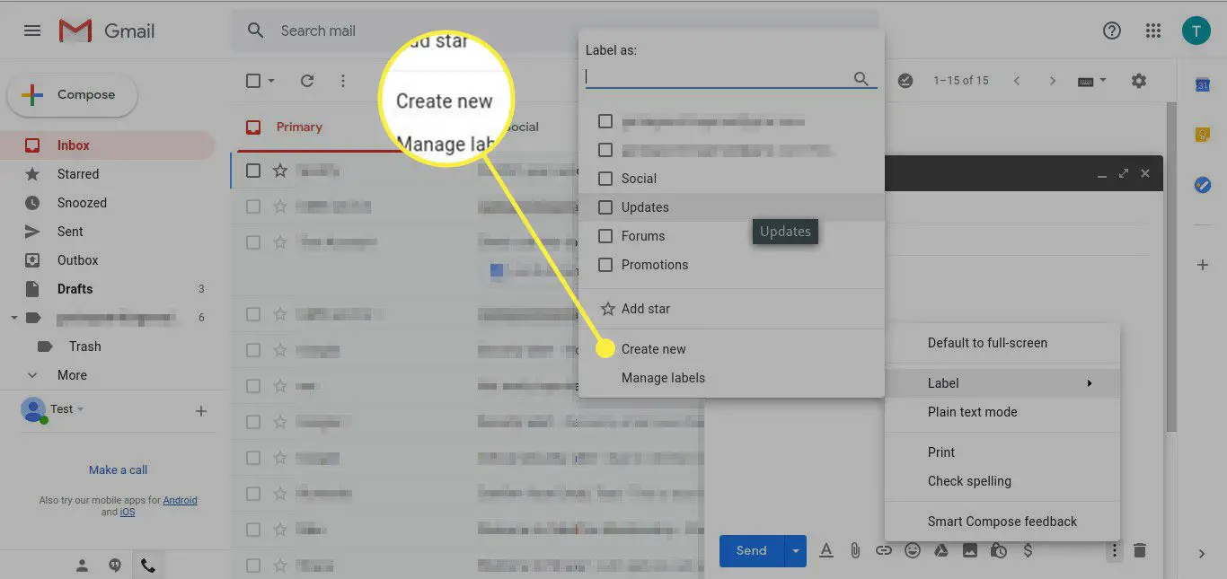 Een screenshot van Gmail's Label-menu met de optie Nieuw maken gemarkeerd