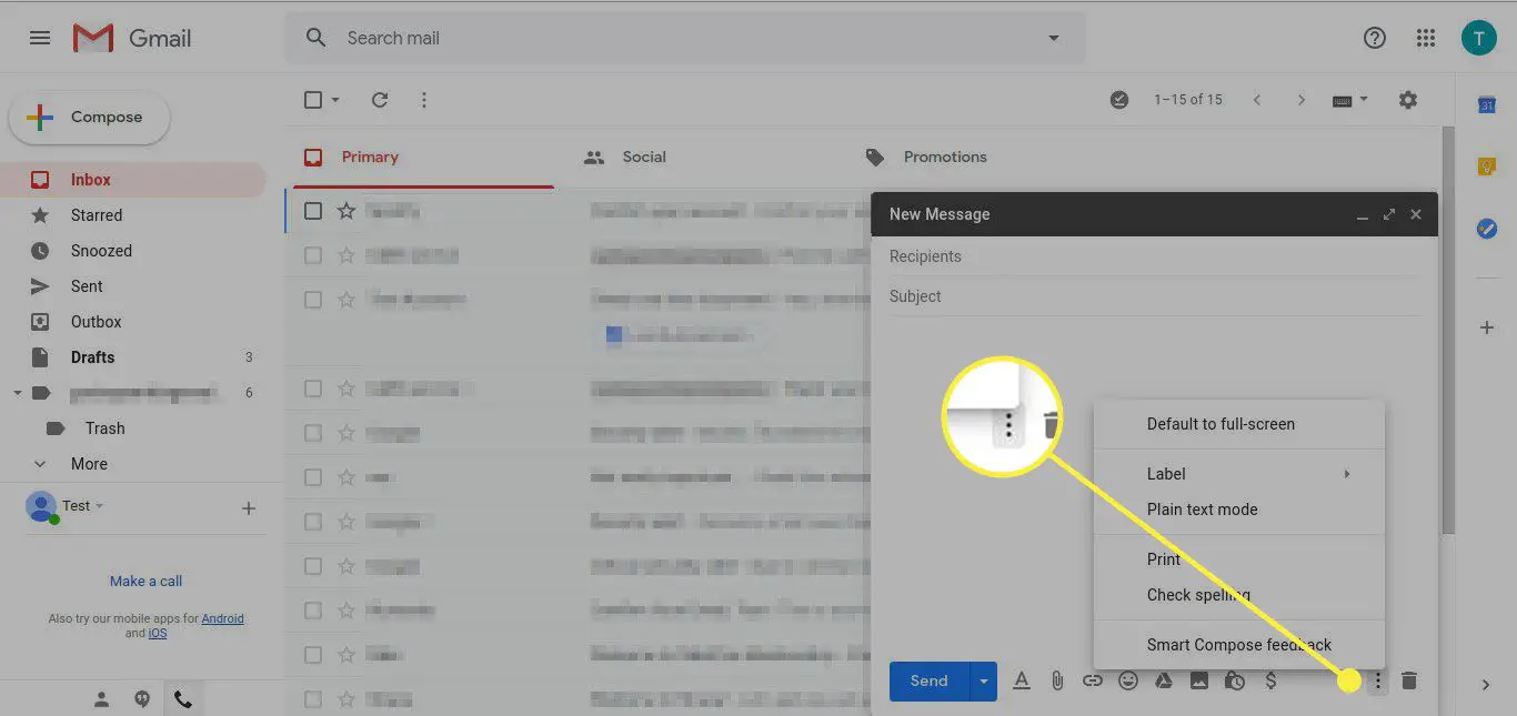 Een screenshot van een nieuw bericht in Gmail met het menu Meer gemarkeerd