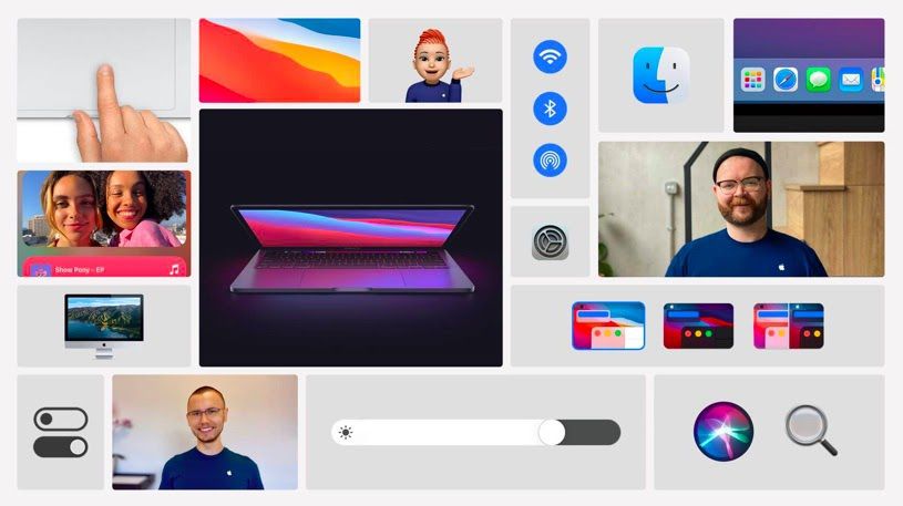 Samengestelde afbeelding van Apple-producten, instellingen en pictogrammen, en Apple-medewerkers die mensen helpen hun apparaten te gebruiken.