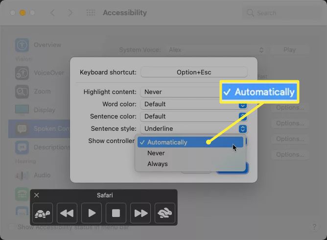 Mac Show Controller menu-opties met 'Automatisch' gemarkeerd