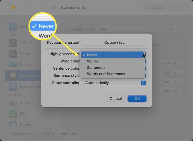 De opties voor het markeren van inhoud op Mac met "Nooit" gemarkeerd