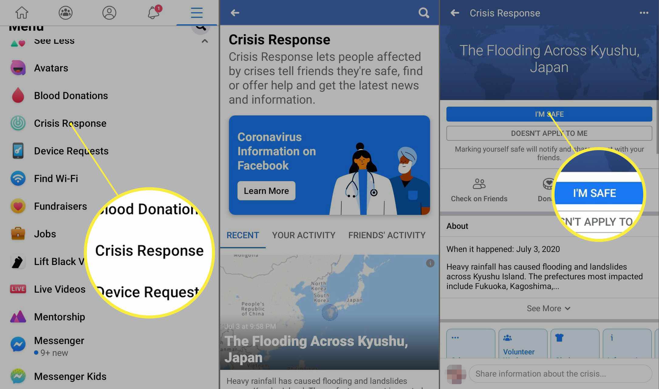 Facebook-app voor Android Crisis Response-pagina.