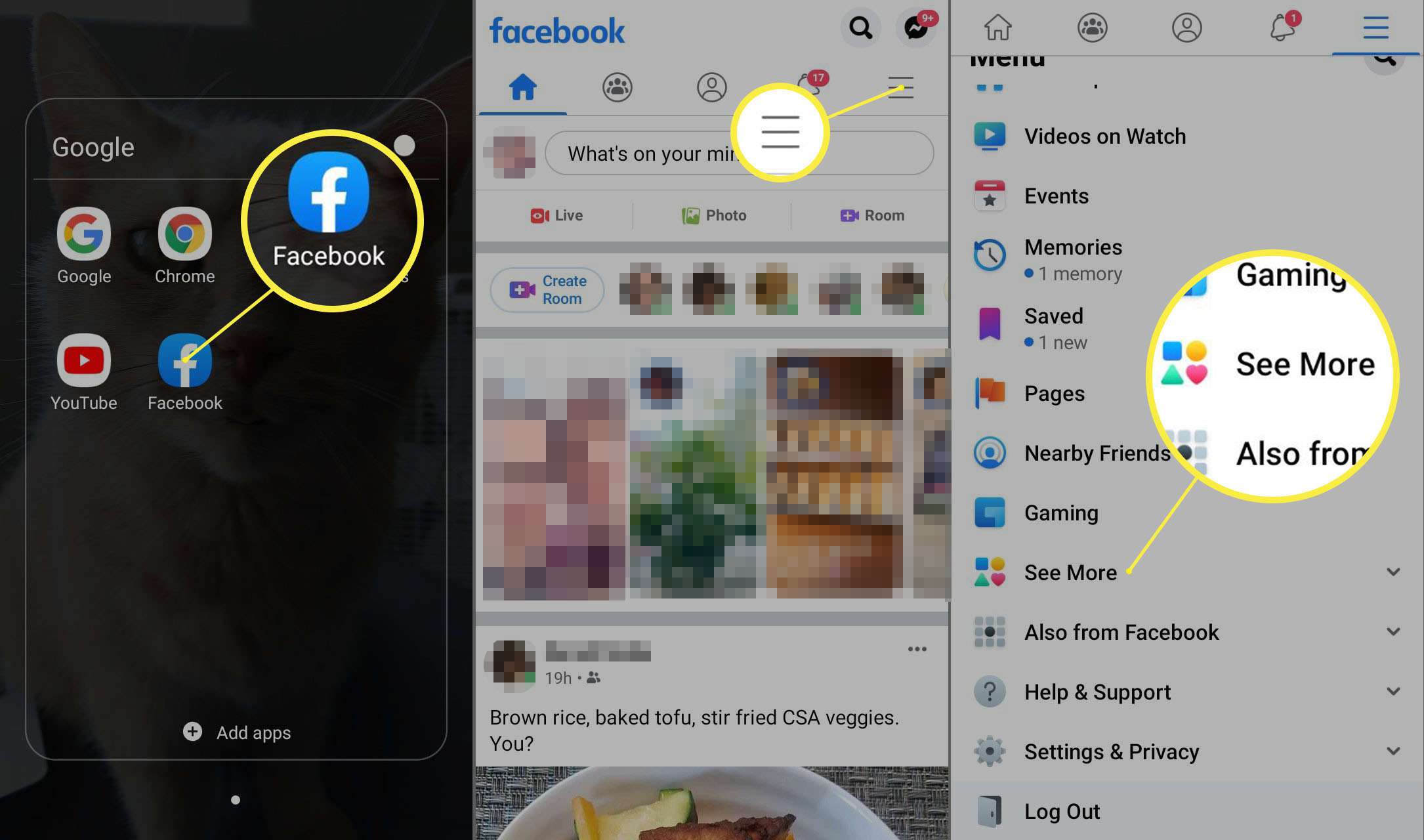 Facebook-app voor Android-hoofdmenu.