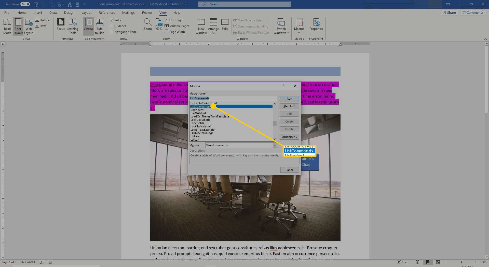 Macro's-scherm in Word met ListCommands gemarkeerd