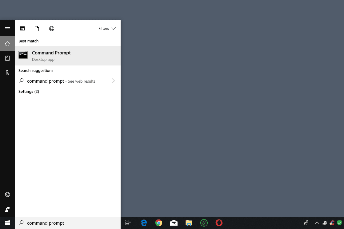 Schermafbeelding die laat zien hoe u de opdrachtprompt in Windows 10 opent vanuit het menu Start