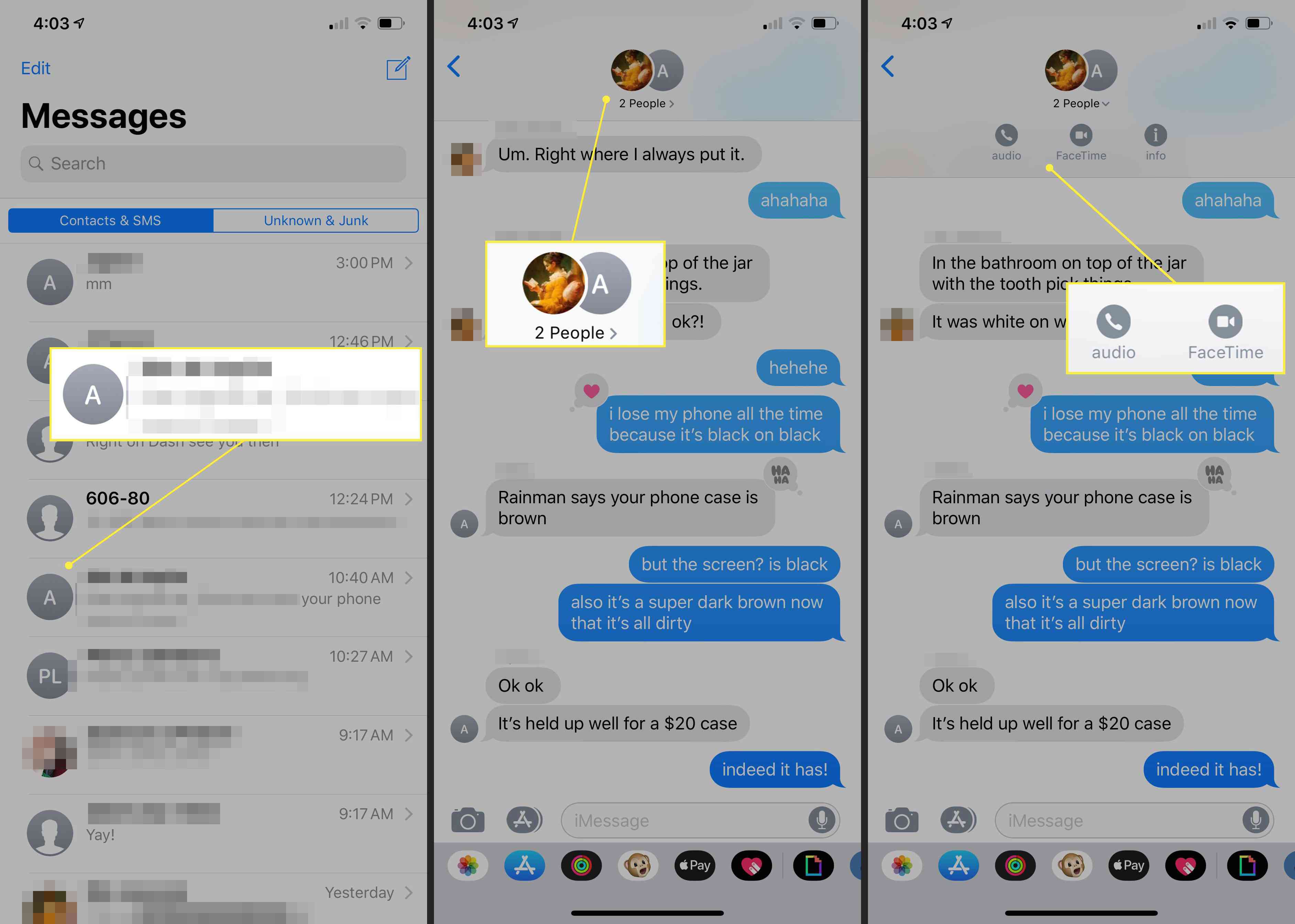 Een iPhone die laat zien hoe je een FaceTime-gesprek start via de Berichten-app