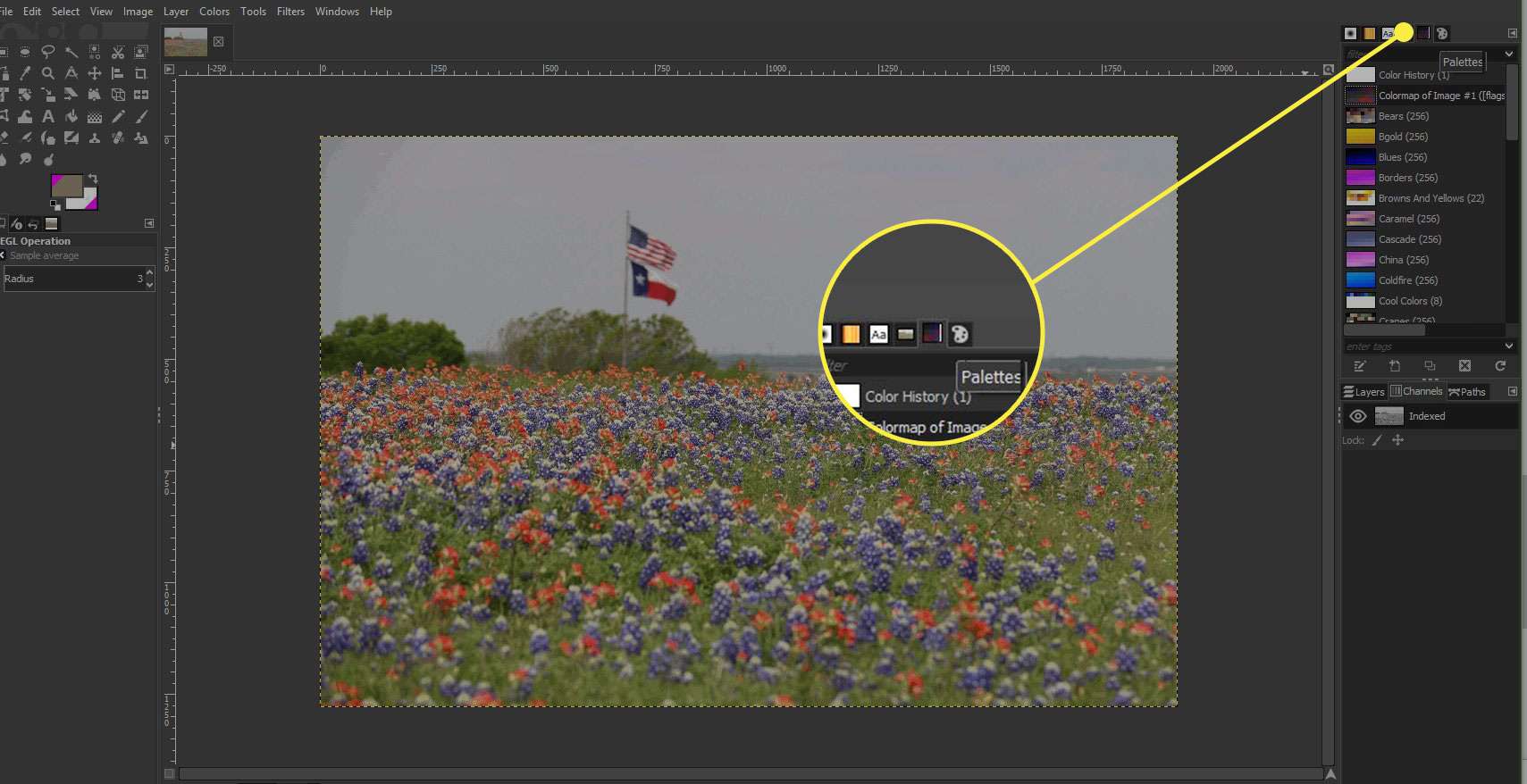 Een screenshot van GIMP met het tabblad Paletten gemarkeerd