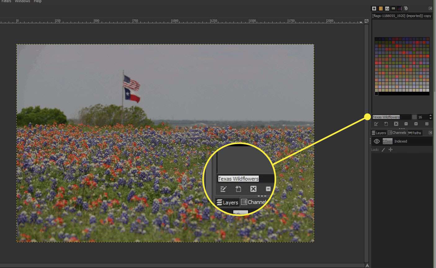 Een screenshot van GIMP met de titel van een nieuw palet gemarkeerd