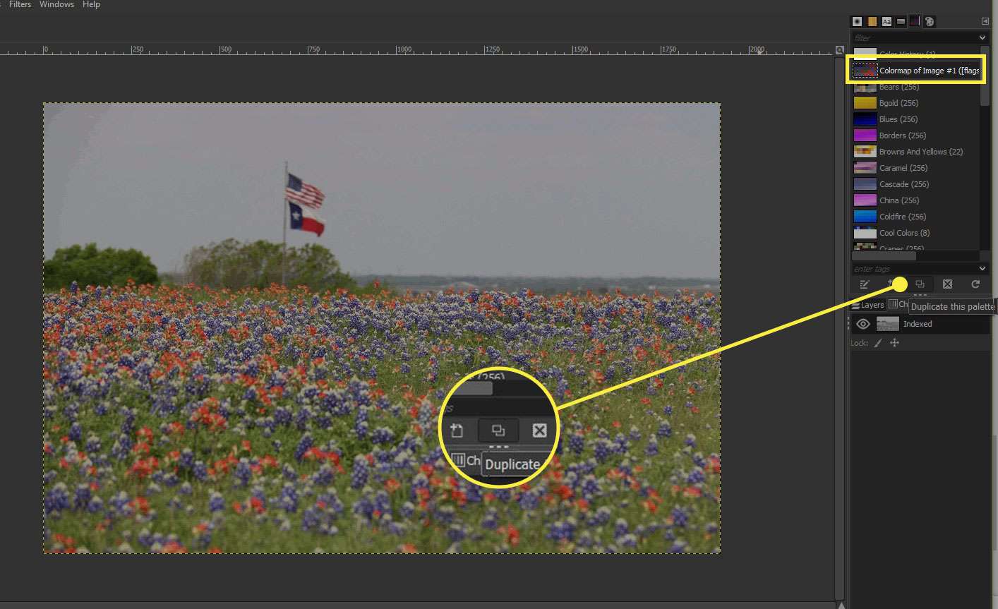 Een screenshot van GIMP met een kleurenkaart en de opdracht Duplicate Palette gemarkeerd
