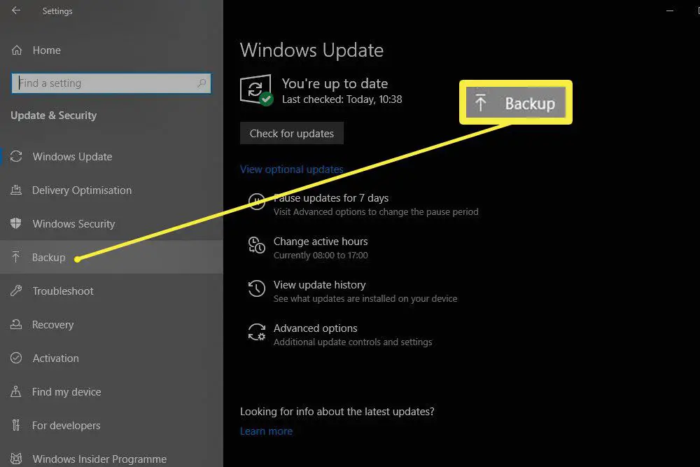 De knop Back-up gemarkeerd in het deelvenster Update en beveiliging van Windows-instellingen in Windows 10.