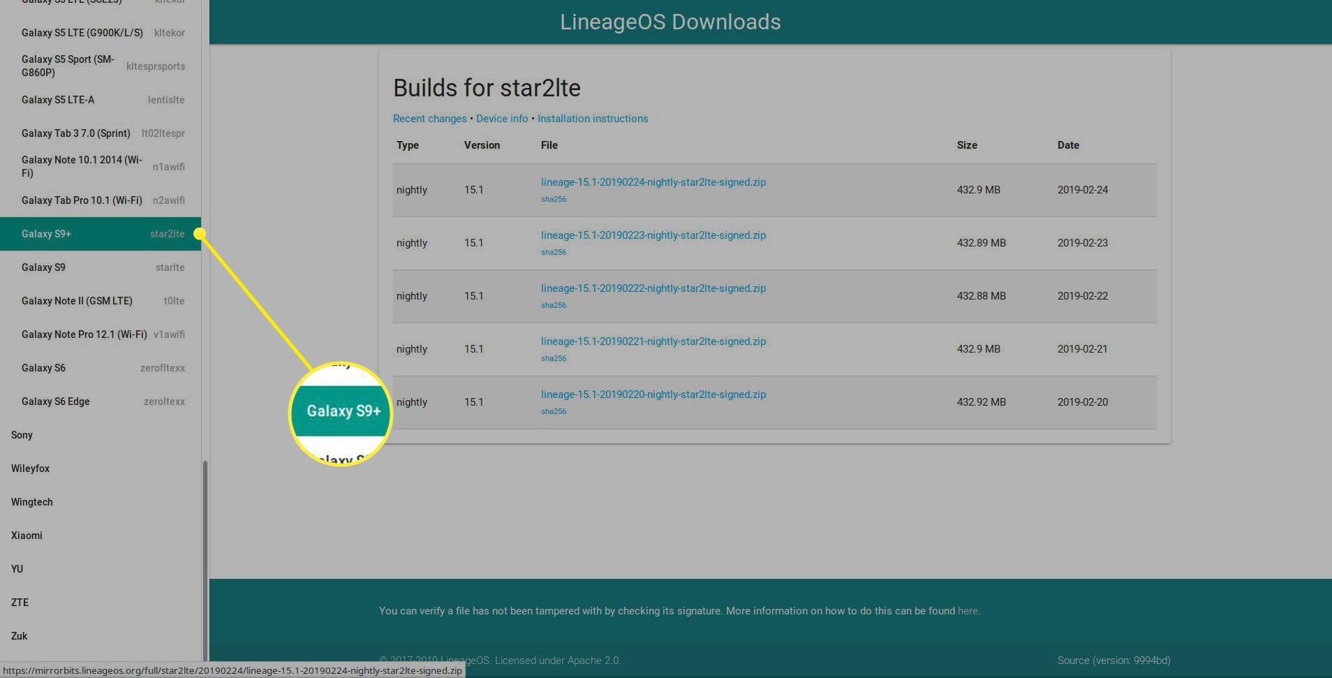 Selecteer uw apparaat op de downloadpagina van LineageOS