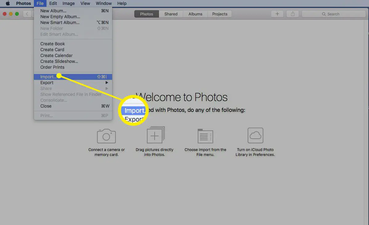 Screenshot van het importeren van foto's naar de nieuwe Foto's-bibliotheek