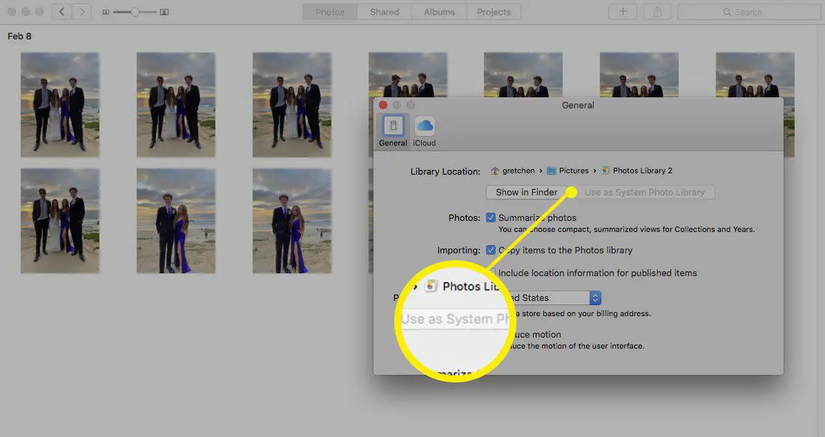 Screenshot van het aanwijzen van een nieuwe bibliotheek voor systeemfoto's