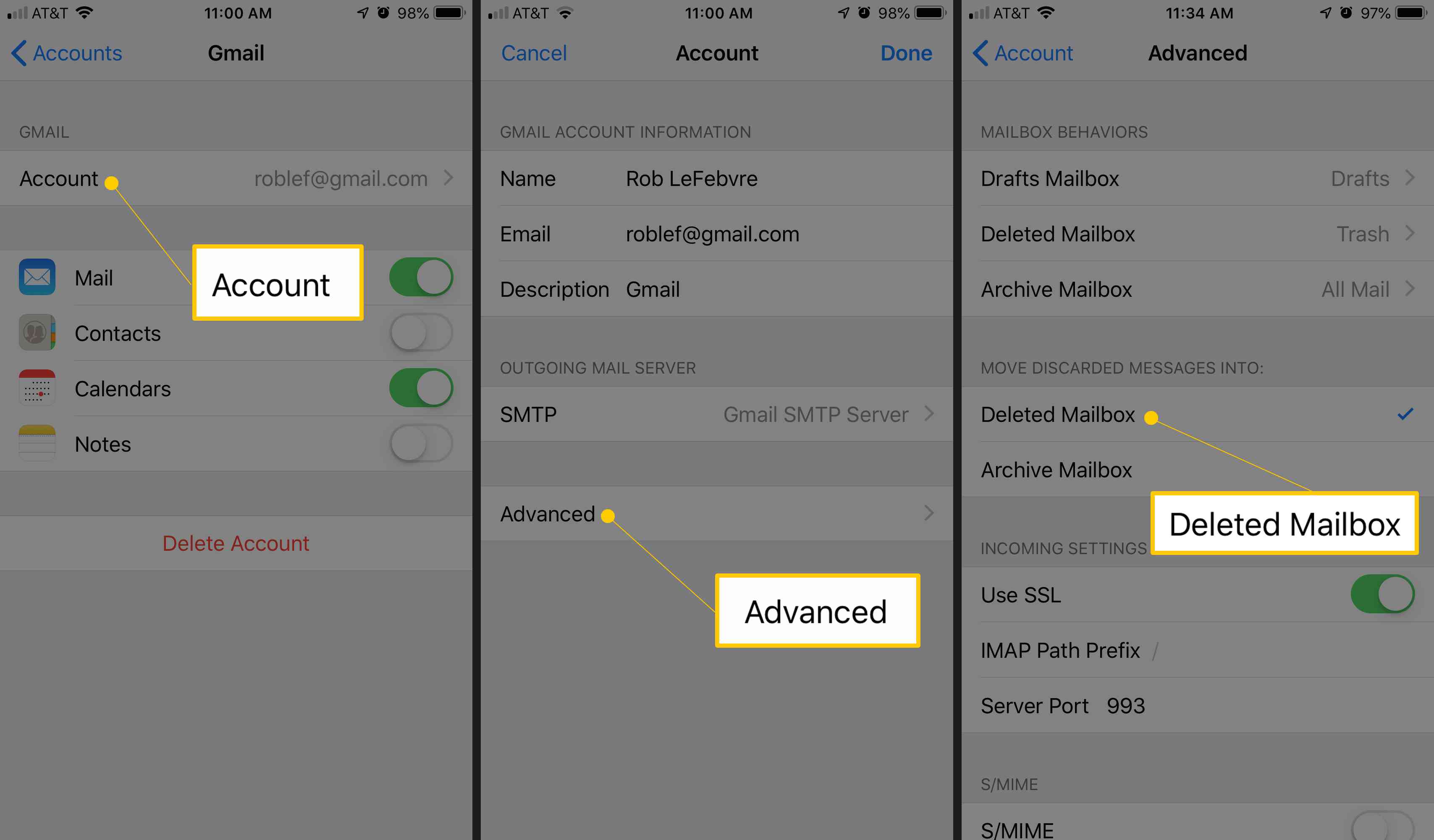Drie iOS-schermen met de knoppen Account, Geavanceerd en Verwijderde mailbox