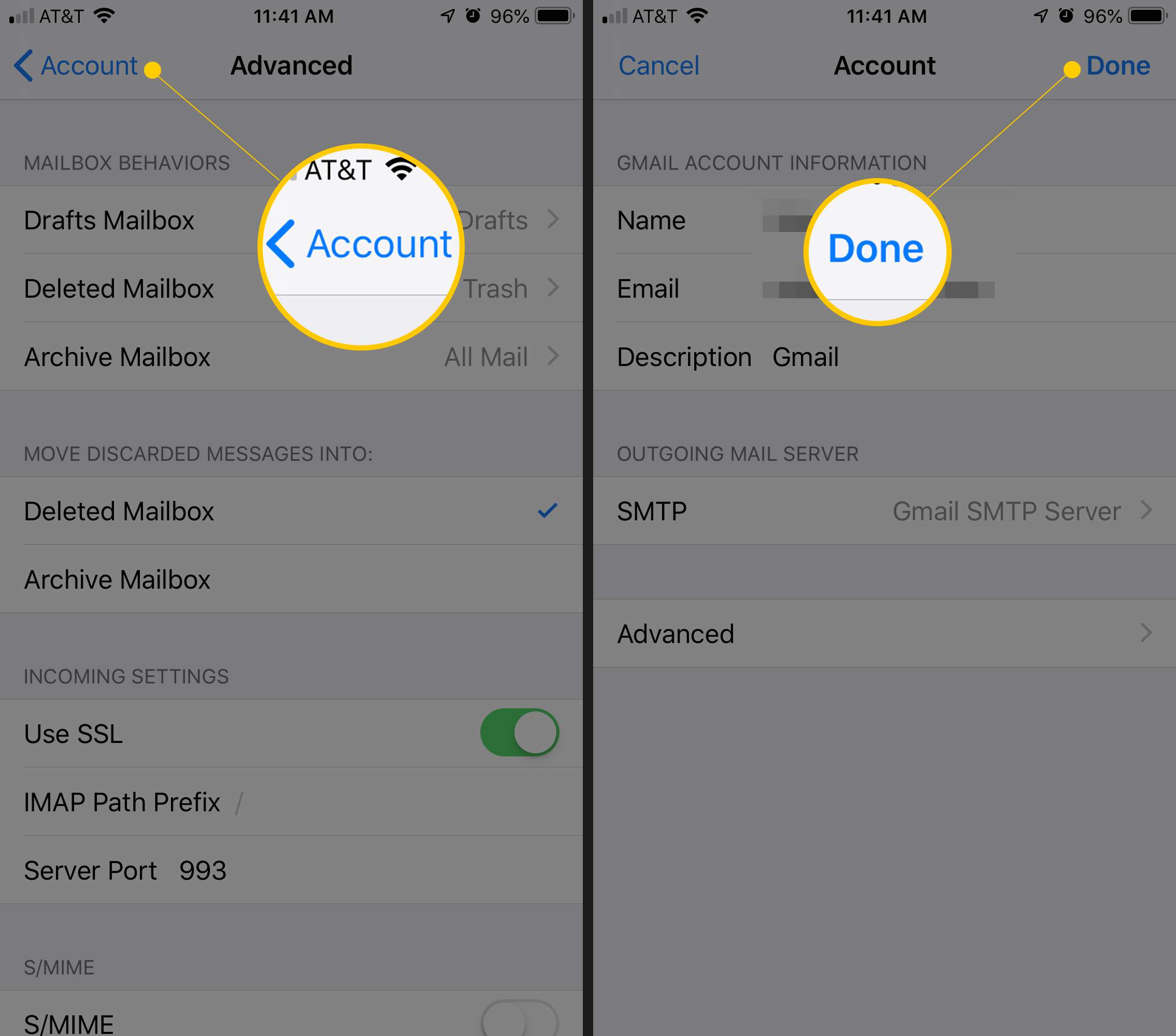 Twee iOS-schermen met de knoppen Account en Gereed