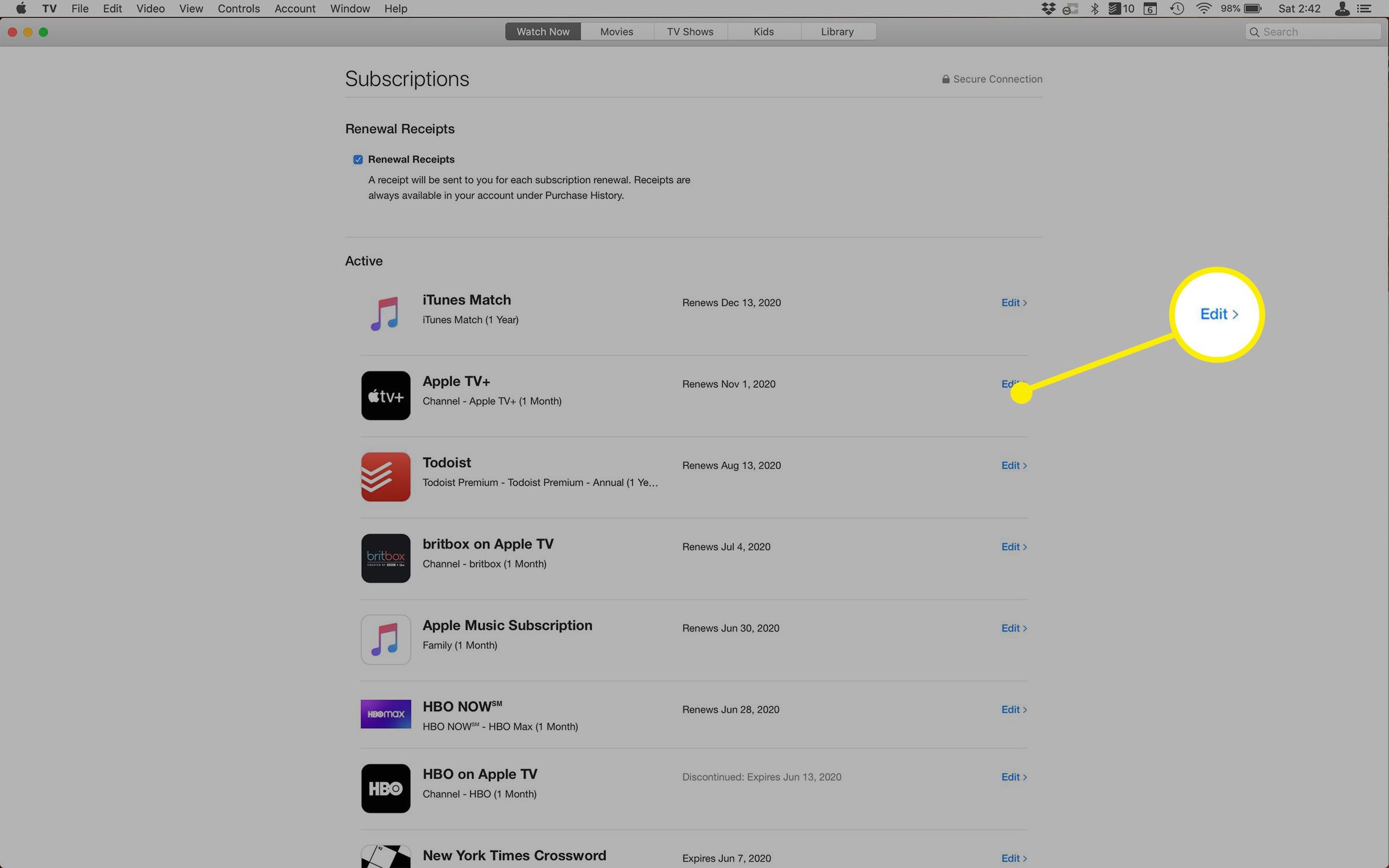 Screenshot van de lijst met Apple ID-abonnementen