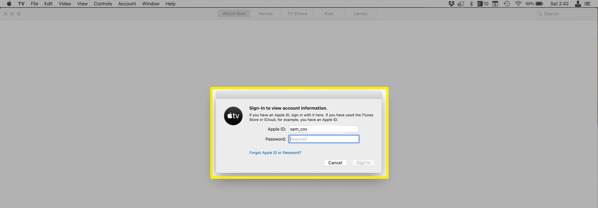 Schermafbeelding van Aanmelden bij de Apple TV-app op Mac
