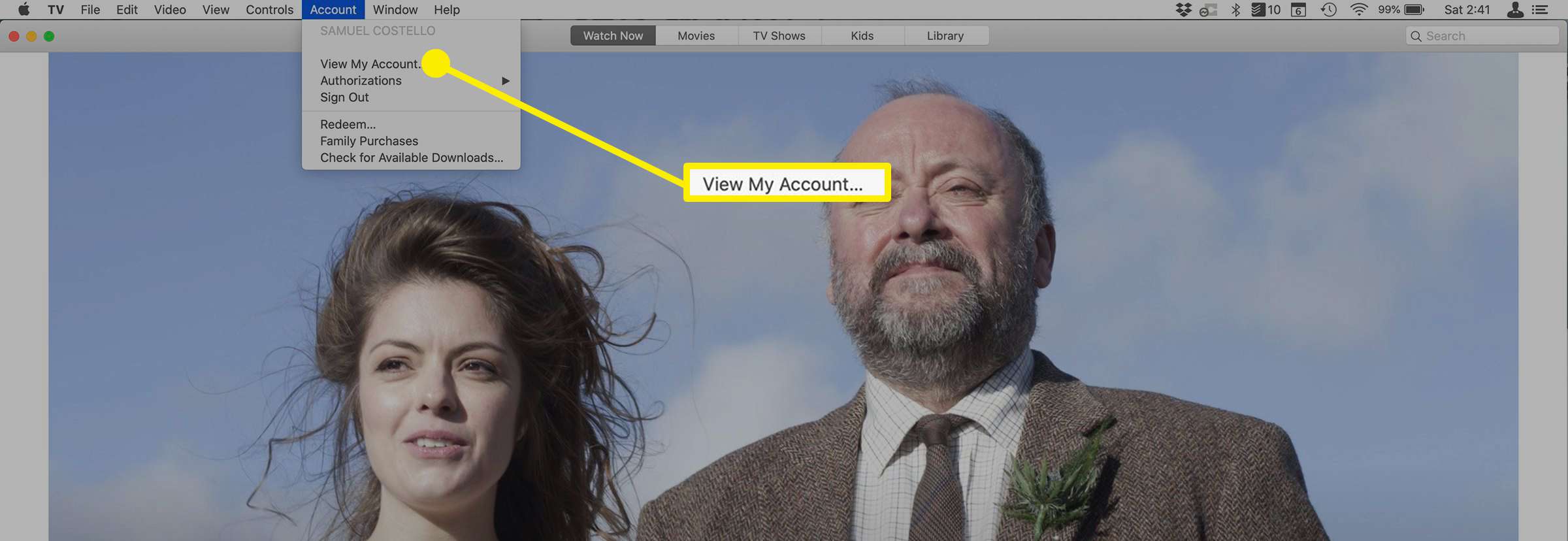 De optie Mijn account bekijken op Apple TV Plus op Mac.